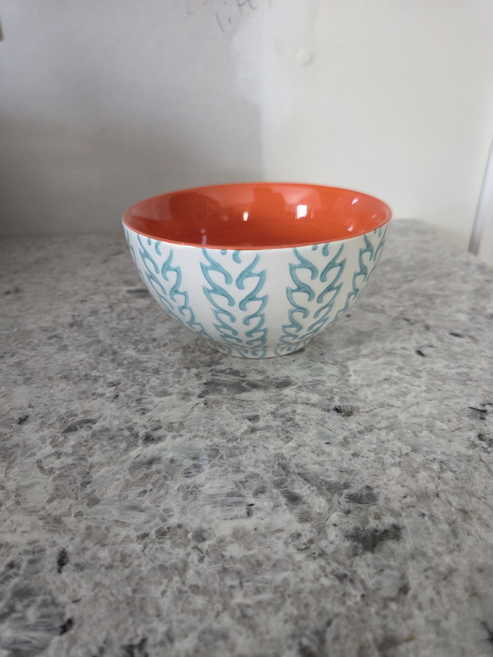 Set Of 6 Ceramic Bowls - Orange Interior with Teal Pattern